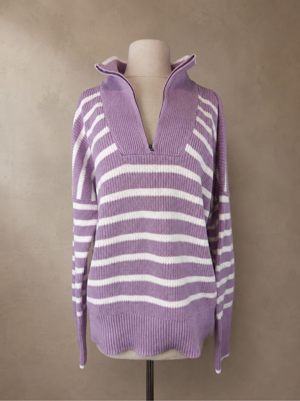 Lands’ End Drifter Size M Quarter Zip Striped Cotton Sweater Lavender White Rela